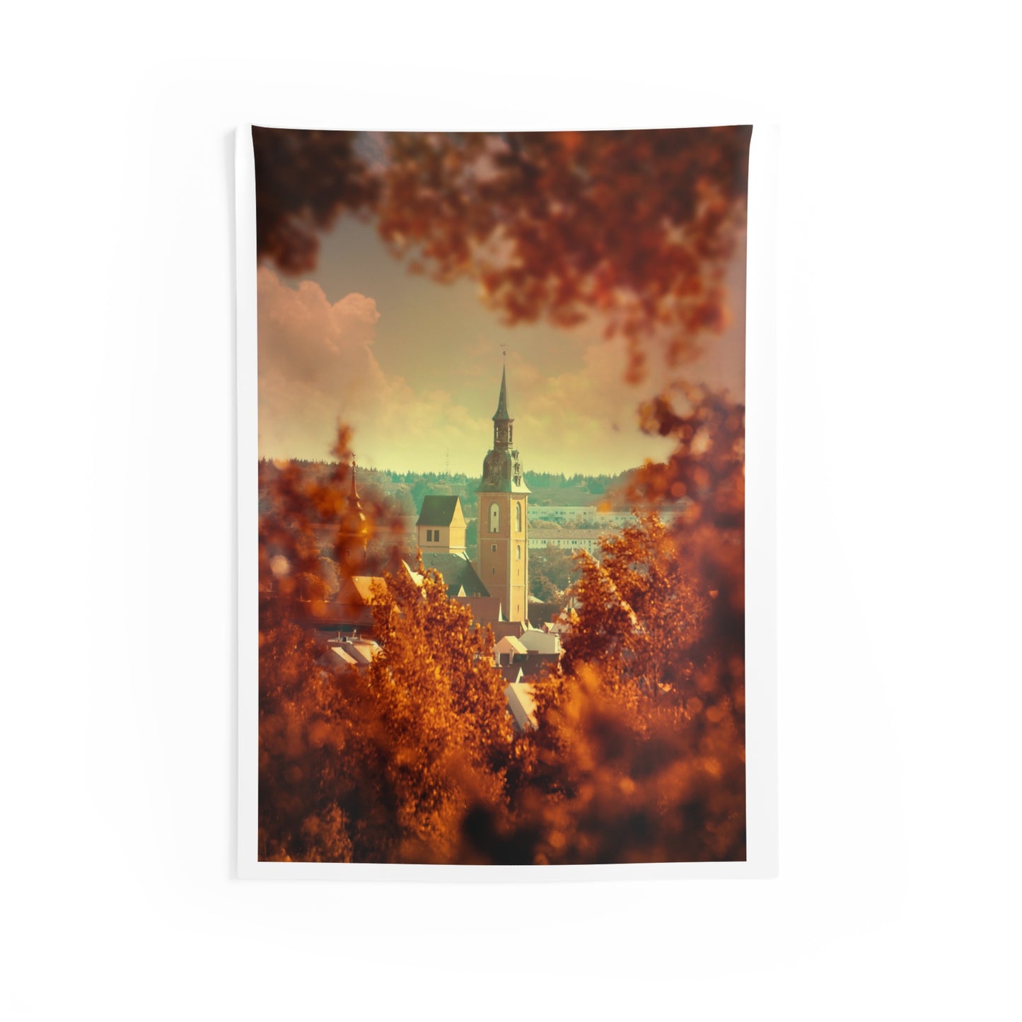 Autumn Village Church Wall Tapestry — Replace the Image with Your Favorite Family Photo!
