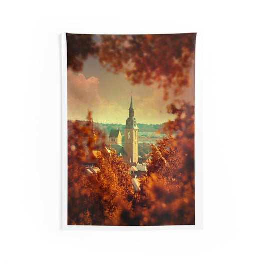 Autumn Village Church Wall Tapestry — Replace the Image with Your Favorite Family Photo!